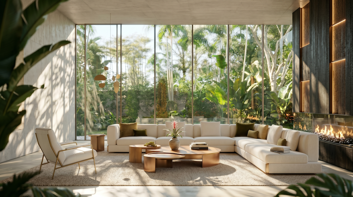 A light-filled living room opening onto a tropical garden